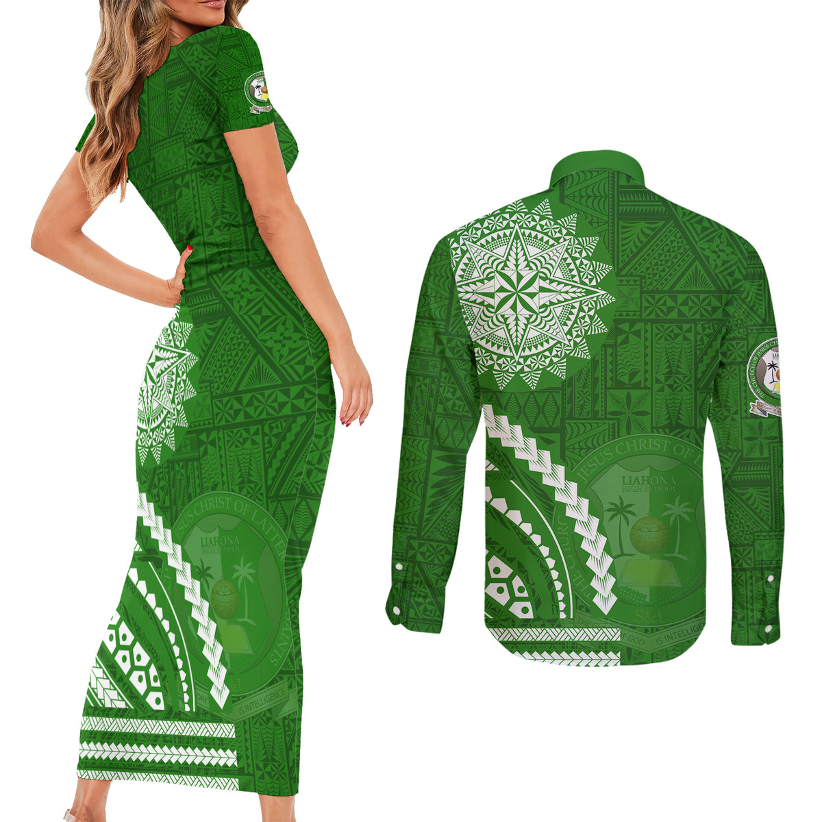 Liahona High School Couples Matching Short Sleeve Bodycon Dress and Long Sleeve Button Shirt Ngatu and Polynesian Pattern LT03 - Polynesian Pride