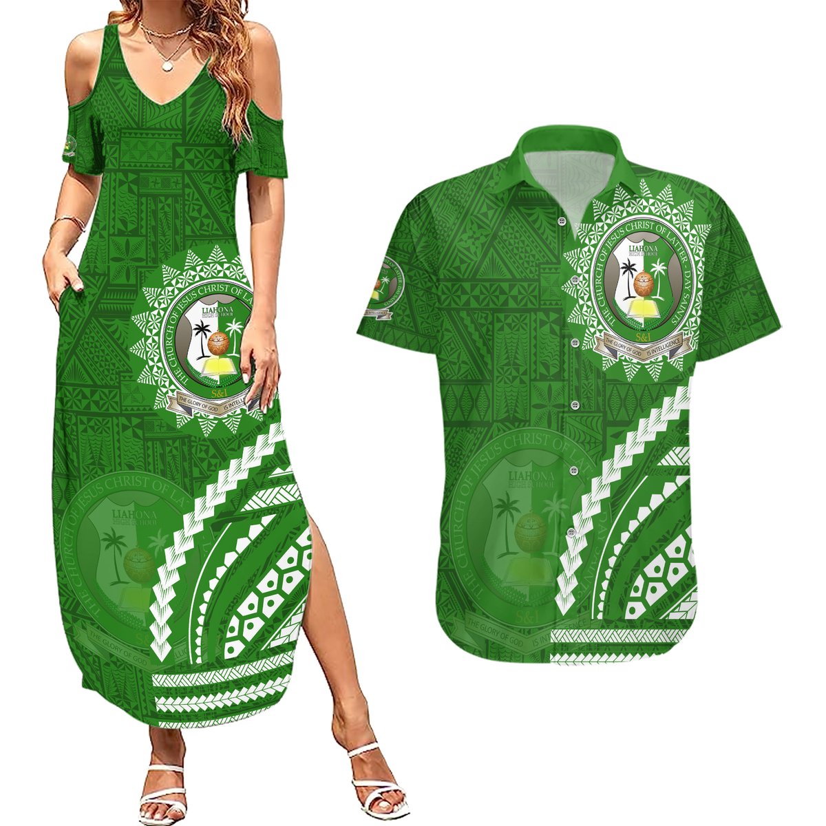 Liahona High School Couples Matching Summer Maxi Dress and Hawaiian Shirt Ngatu and Polynesian Pattern LT03 Green - Polynesian Pride