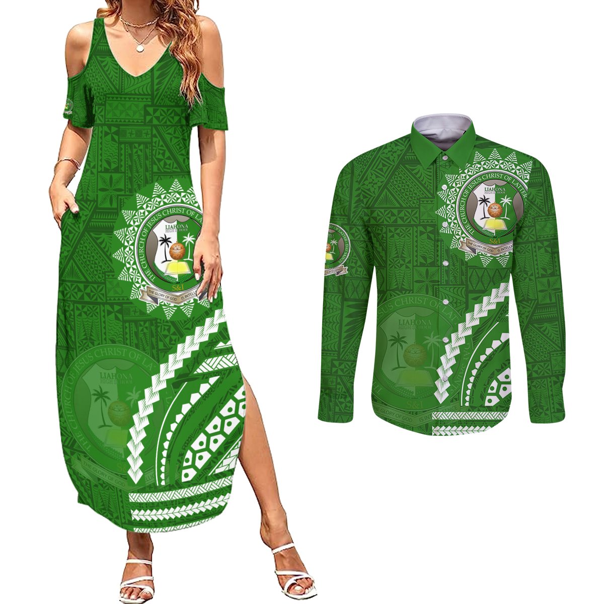 Liahona High School Couples Matching Summer Maxi Dress and Long Sleeve Button Shirt Ngatu and Polynesian Pattern LT03 Green - Polynesian Pride