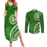 Liahona High School Couples Matching Summer Maxi Dress and Long Sleeve Button Shirt Ngatu and Polynesian Pattern LT03 Green - Polynesian Pride