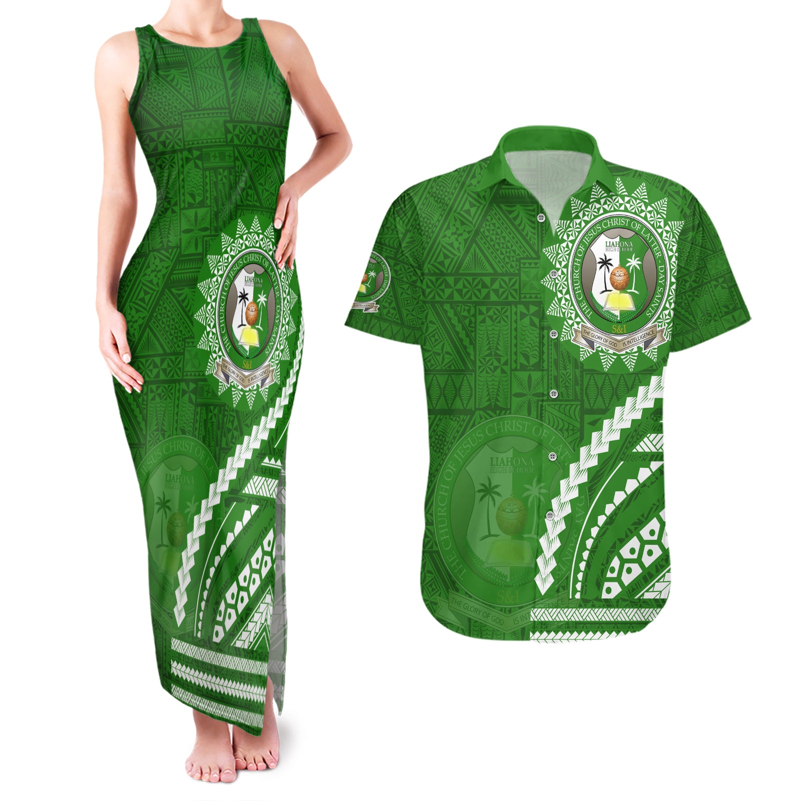Liahona High School Couples Matching Tank Maxi Dress and Hawaiian Shirt Ngatu and Polynesian Pattern LT03 Green - Polynesian Pride