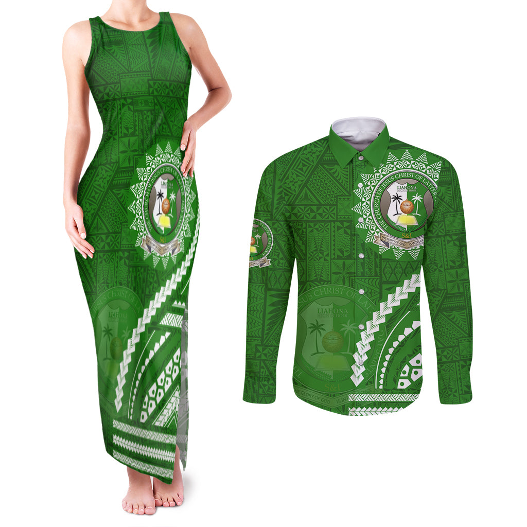 Liahona High School Couples Matching Tank Maxi Dress and Long Sleeve Button Shirt Ngatu and Polynesian Pattern LT03 Green - Polynesian Pride