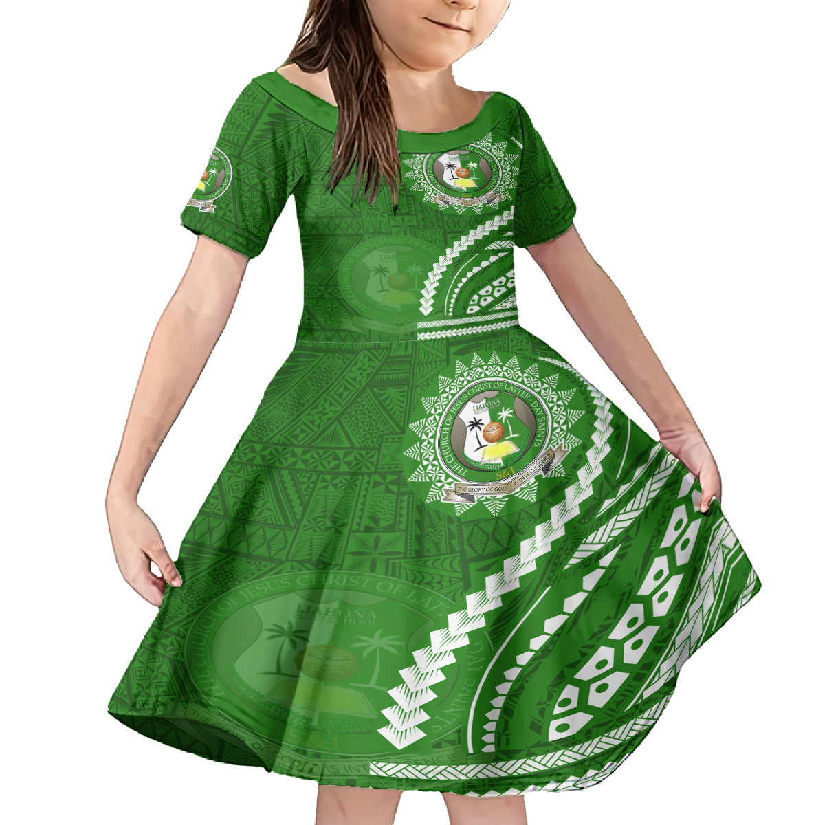 Liahona High School Family Matching Off Shoulder Maxi Dress and Hawaiian Shirt Ngatu and Polynesian Pattern LT03 Daughter's Dress Green - Polynesian Pride