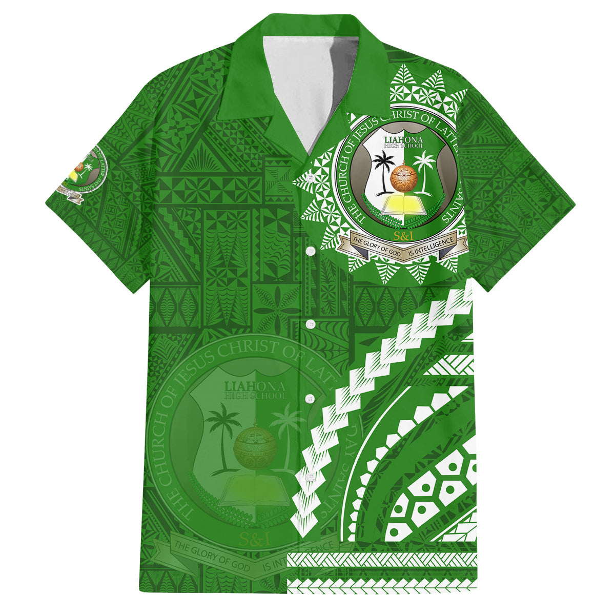 Liahona High School Family Matching Off Shoulder Maxi Dress and Hawaiian Shirt Ngatu and Polynesian Pattern LT03 Dad's Shirt - Short Sleeve Green - Polynesian Pride