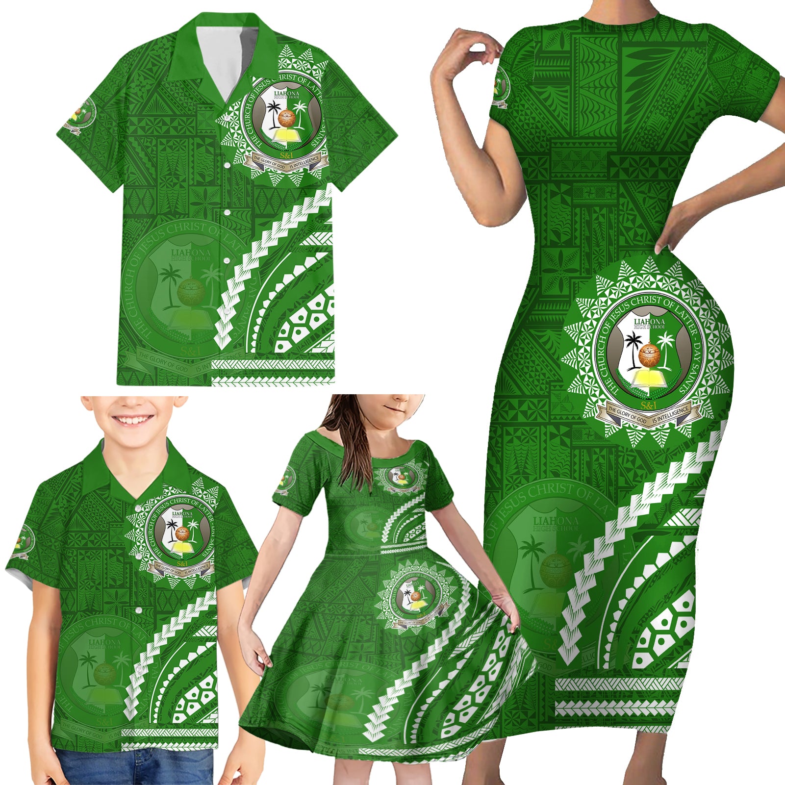 Liahona High School Family Matching Short Sleeve Bodycon Dress and Hawaiian Shirt Ngatu and Polynesian Pattern