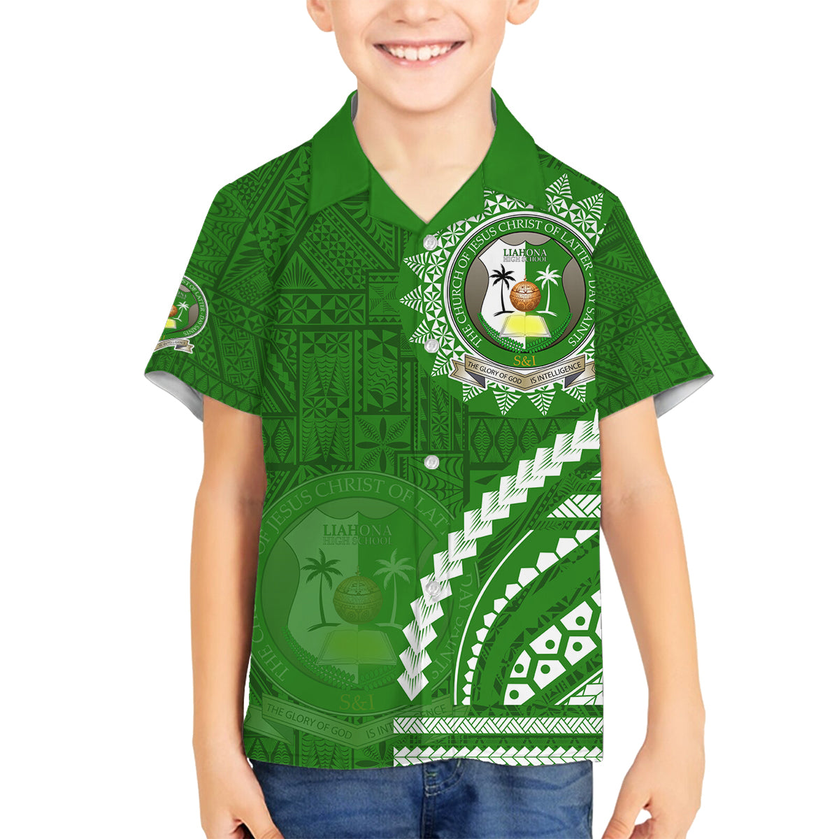 Liahona High School Family Matching Summer Maxi Dress and Hawaiian Shirt Ngatu and Polynesian Pattern LT03 Son's Shirt Green - Polynesian Pride