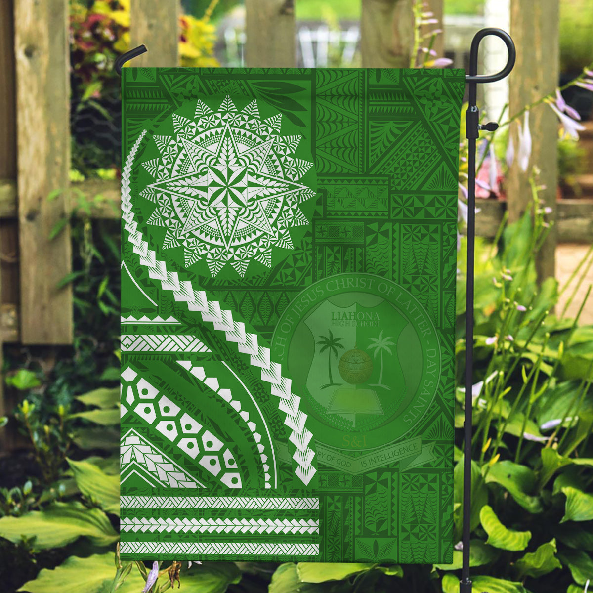 Liahona High School Garden Flag Ngatu and Polynesian Pattern LT03 Garden Flag Green - Polynesian Pride
