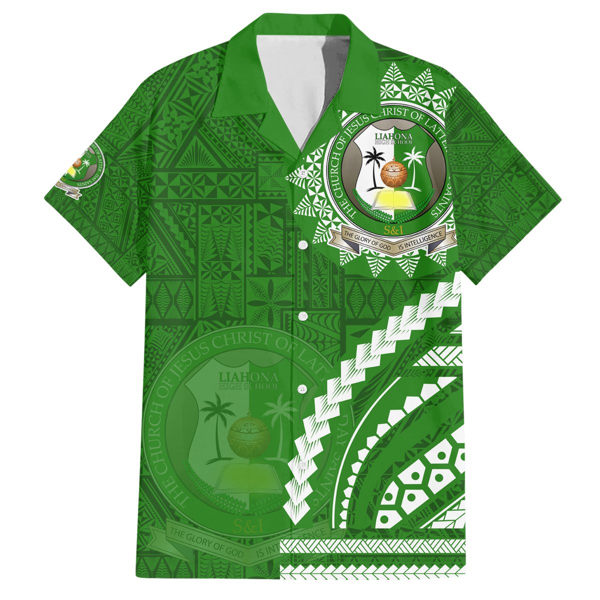 Liahona High School Hawaiian Shirt Ngatu and Polynesian Pattern LT03 Green - Polynesian Pride