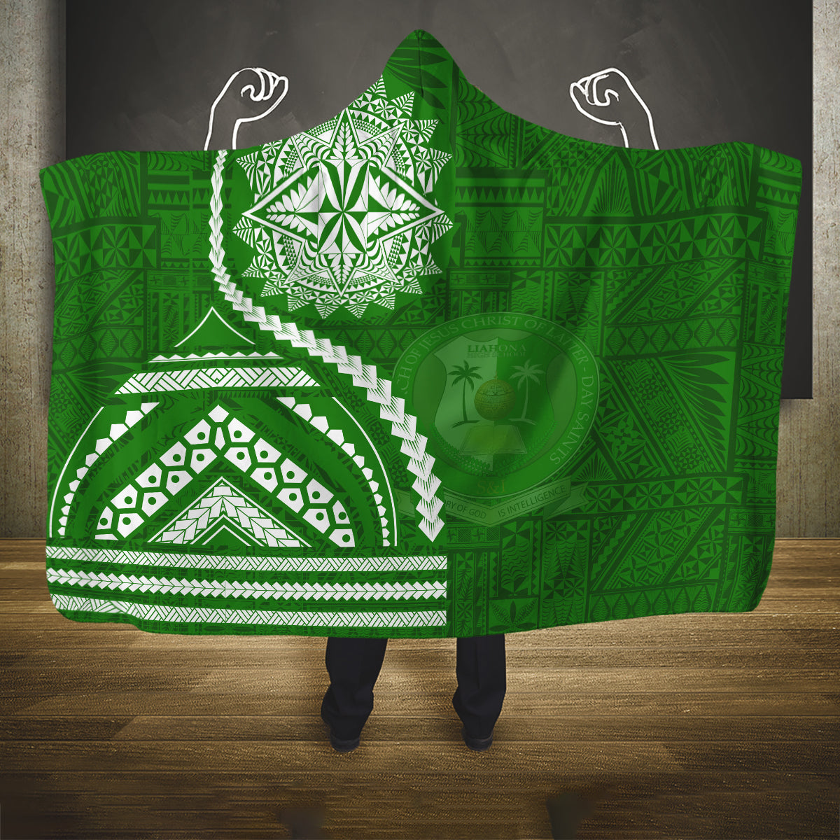 Liahona High School Hooded Blanket Ngatu and Polynesian Pattern LT03 One Size Green - Polynesian Pride