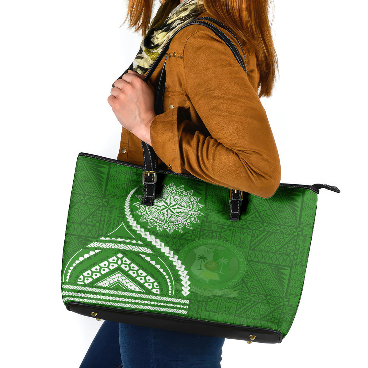 Liahona High School Leather Tote Bag Ngatu and Polynesian Pattern LT03 Green - Polynesian Pride