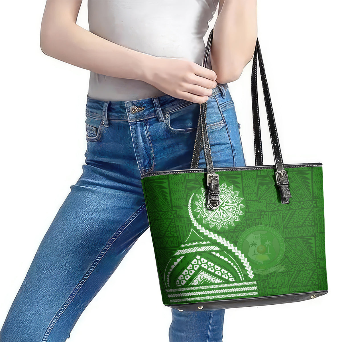 Liahona High School Leather Tote Bag Ngatu and Polynesian Pattern LT03 - Polynesian Pride