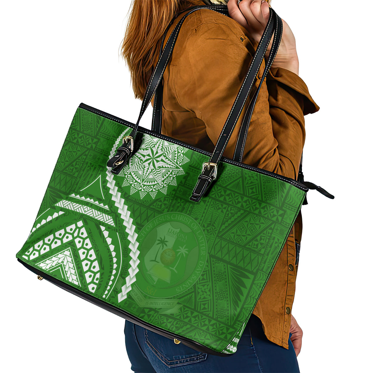 Liahona High School Leather Tote Bag Ngatu and Polynesian Pattern LT03 - Polynesian Pride