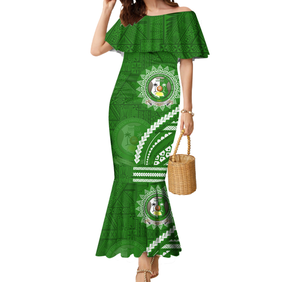 Liahona High School Mermaid Dress Ngatu and Polynesian Pattern