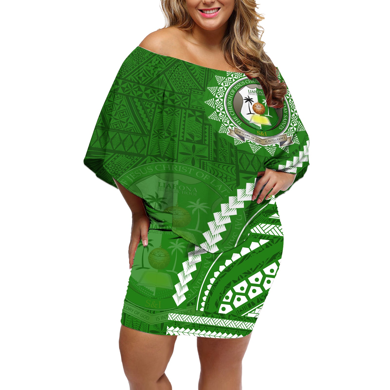 Liahona High School Off Shoulder Short Dress Ngatu and Polynesian Pattern