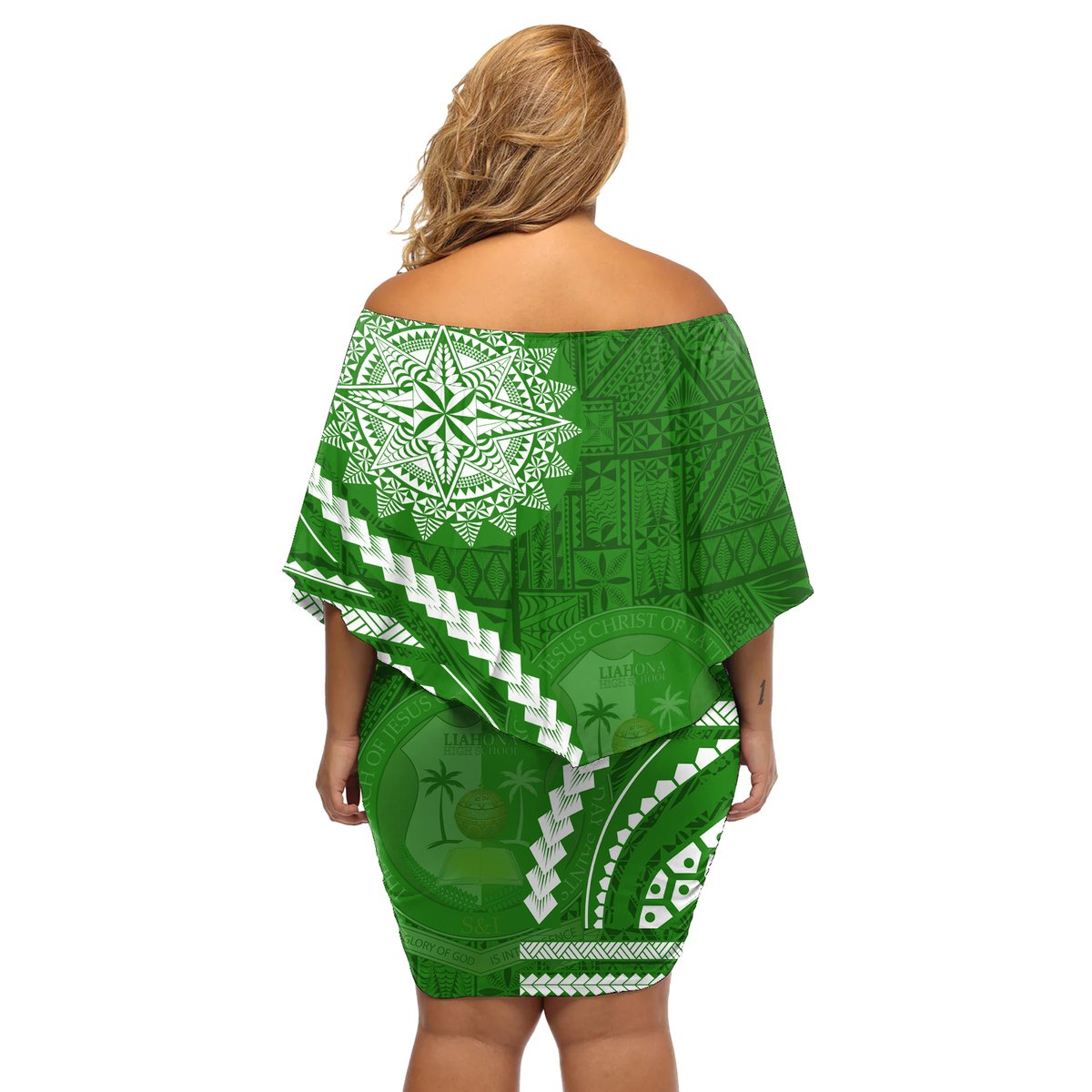 Liahona High School Off Shoulder Short Dress Ngatu and Polynesian Pattern LT03 - Polynesian Pride