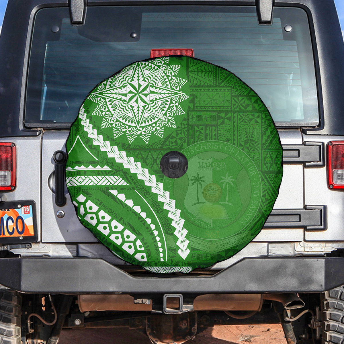 Liahona High School Spare Tire Cover Ngatu and Polynesian Pattern LT03 Green - Polynesian Pride