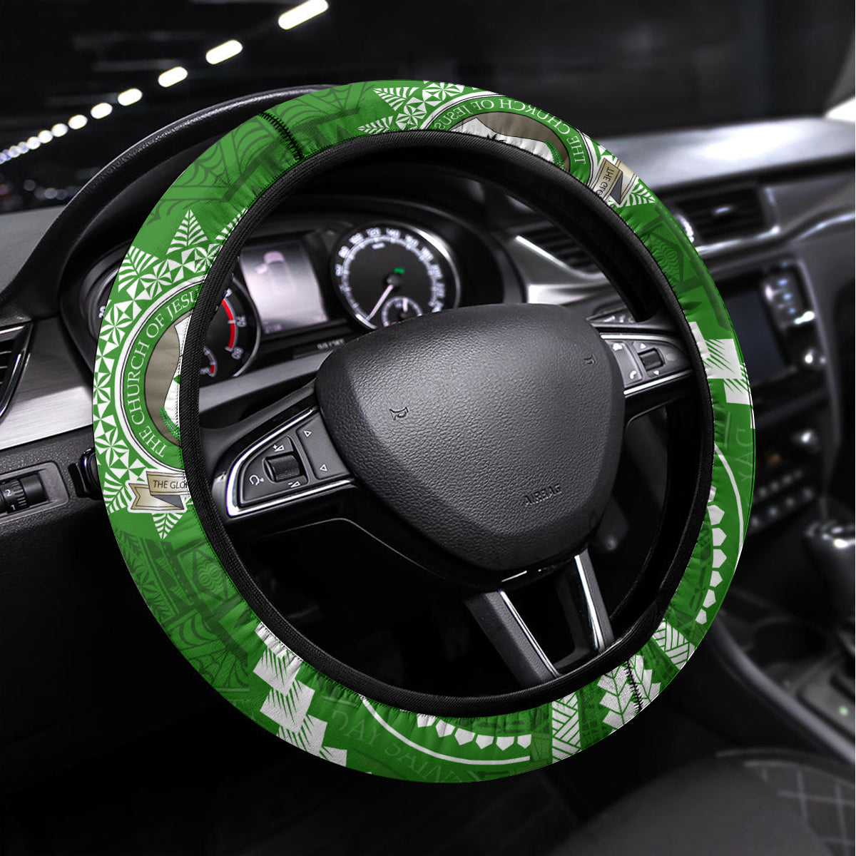 Liahona High School Steering Wheel Cover Ngatu and Polynesian Pattern LT03 Universal Fit Green - Polynesian Pride