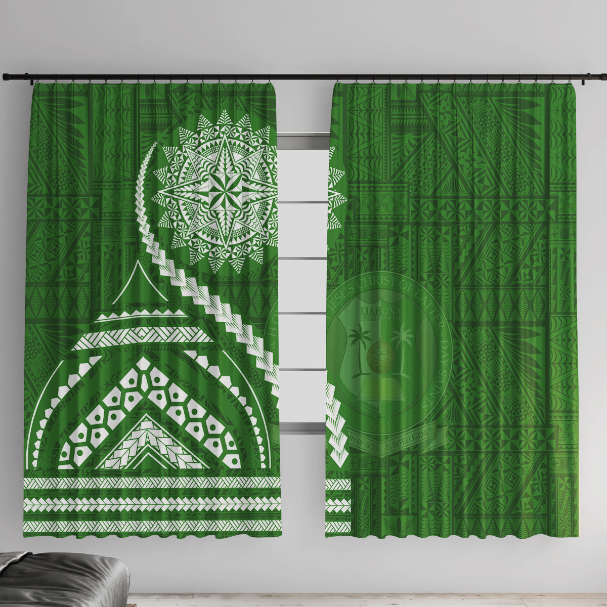 Liahona High School Window Curtain Ngatu and Polynesian Pattern LT03 With Hooks Green - Polynesian Pride