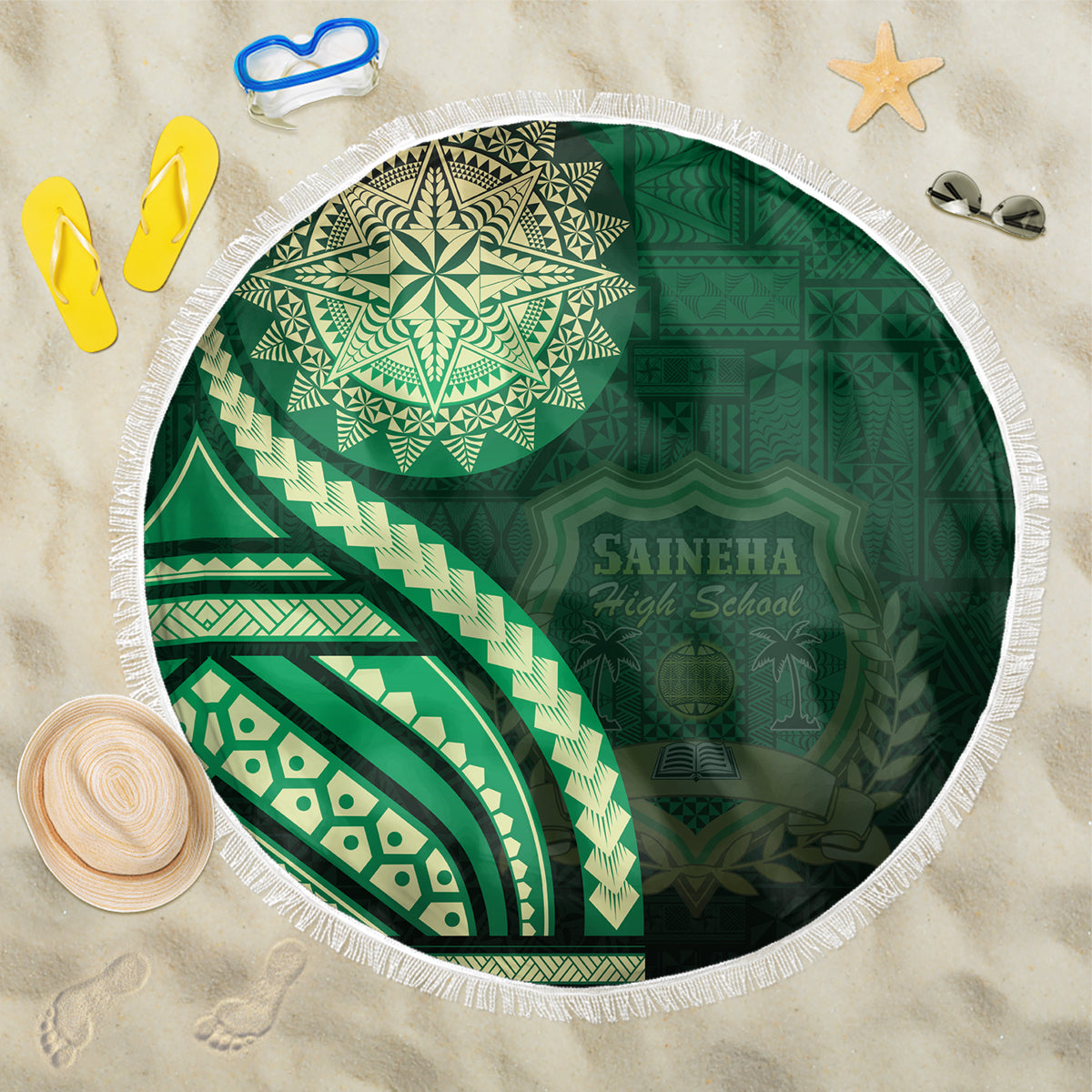 Saineha High School Beach Blanket Ngatu and Polynesian Pattern LT03 One Size 150cm Green - Polynesian Pride