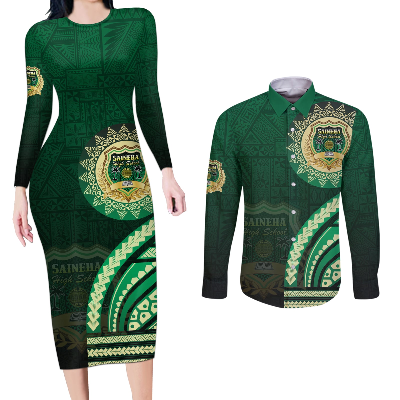 Saineha High School Couples Matching Long Sleeve Bodycon Dress and Long Sleeve Button Shirt Ngatu and Polynesian Pattern LT03 Green - Polynesian Pride