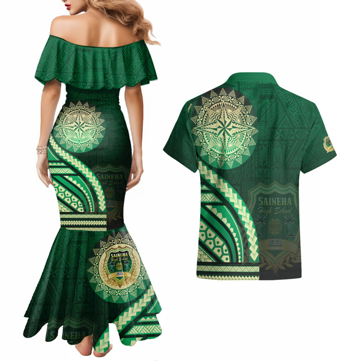 Saineha High School Couples Matching Mermaid Dress and Hawaiian Shirt Ngatu and Polynesian Pattern