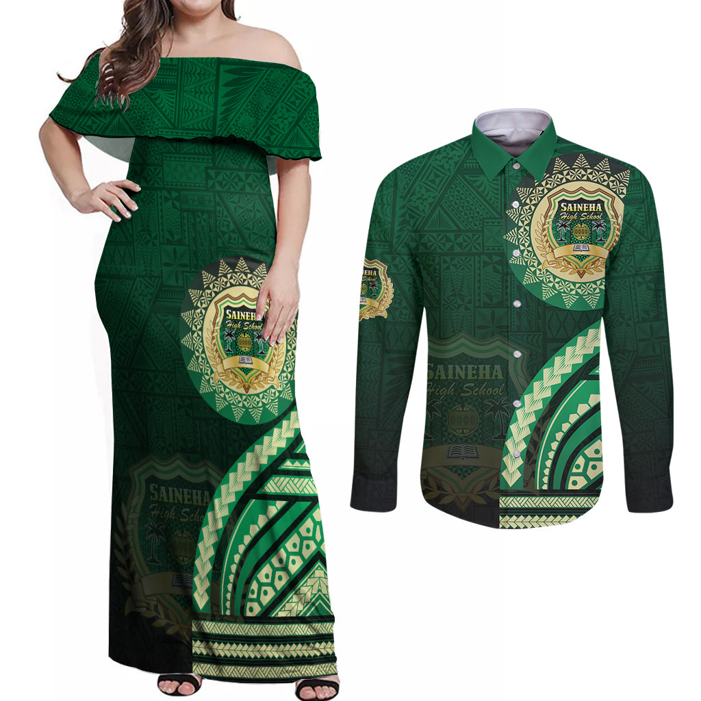 Saineha High School Couples Matching Off Shoulder Maxi Dress and Long Sleeve Button Shirt Ngatu and Polynesian Pattern LT03 Green - Polynesian Pride