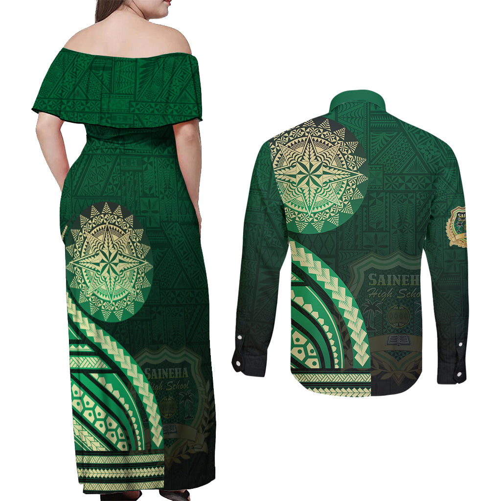 Saineha High School Couples Matching Off Shoulder Maxi Dress and Long Sleeve Button Shirt Ngatu and Polynesian Pattern LT03 - Polynesian Pride