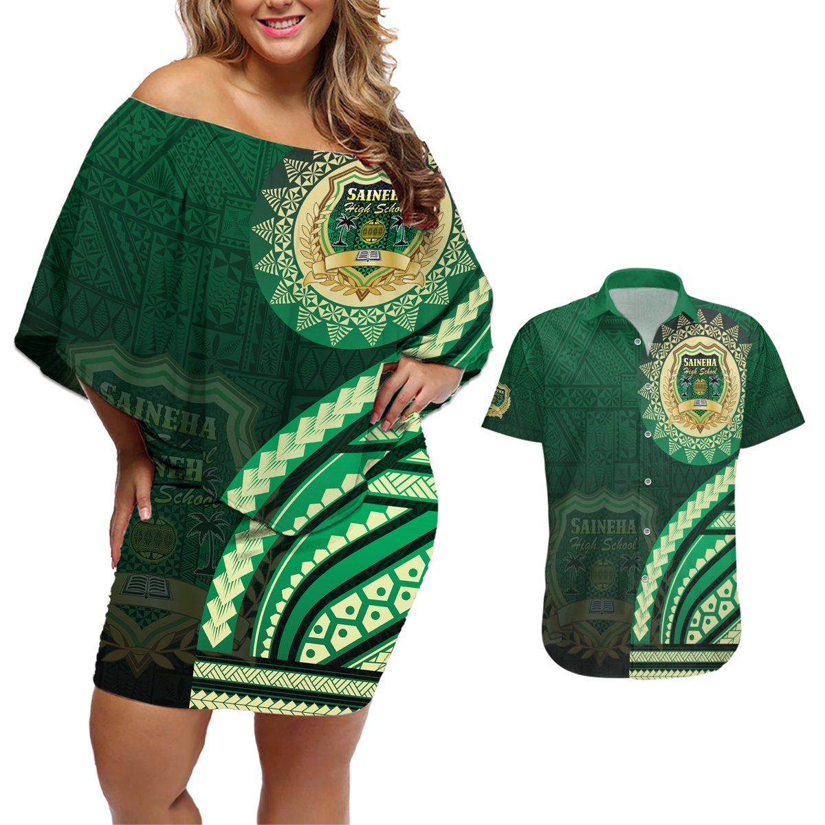 Saineha High School Couples Matching Off Shoulder Short Dress and Hawaiian Shirt Ngatu and Polynesian Pattern LT03 Green - Polynesian Pride