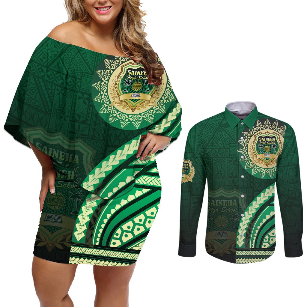 Saineha High School Couples Matching Off Shoulder Short Dress and Long Sleeve Button Shirt Ngatu and Polynesian Pattern LT03 Green - Polynesian Pride