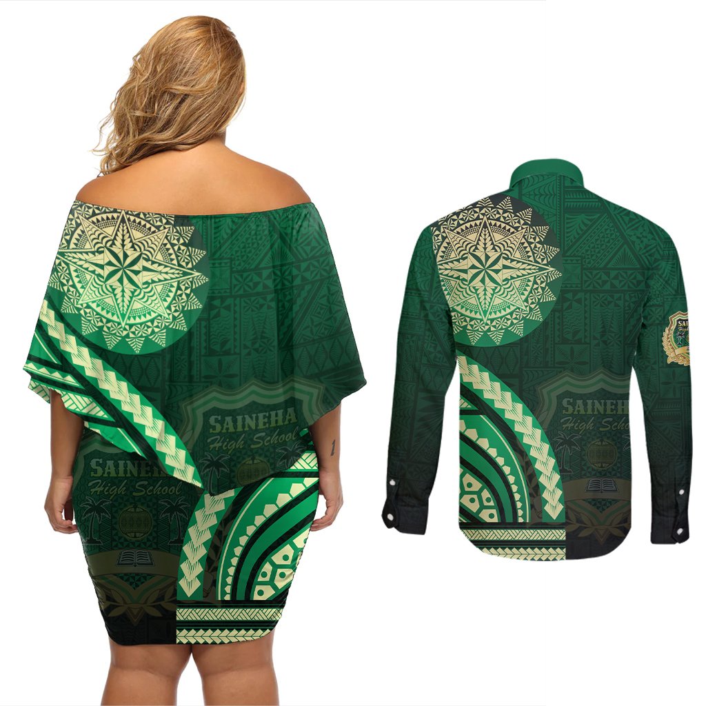 Saineha High School Couples Matching Off Shoulder Short Dress and Long Sleeve Button Shirt Ngatu and Polynesian Pattern LT03 - Polynesian Pride