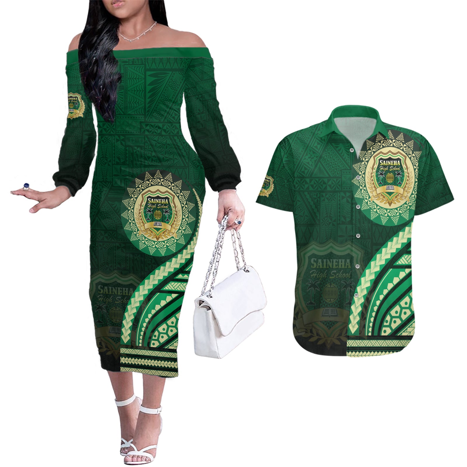 Saineha High School Couples Matching Off The Shoulder Long Sleeve Dress and Hawaiian Shirt Ngatu and Polynesian Pattern LT03 Green - Polynesian Pride