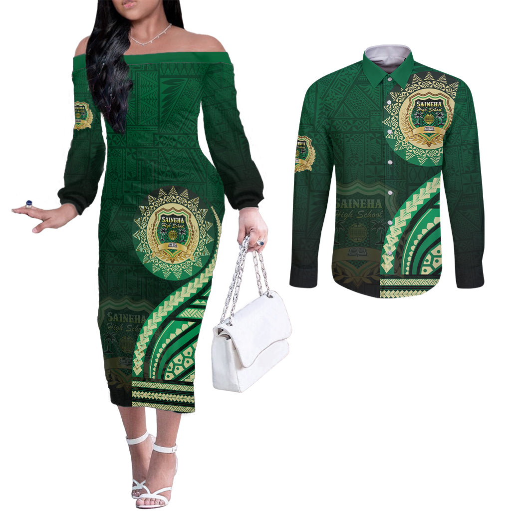 Saineha High School Couples Matching Off The Shoulder Long Sleeve Dress and Long Sleeve Button Shirt Ngatu and Polynesian Pattern LT03 Green - Polynesian Pride