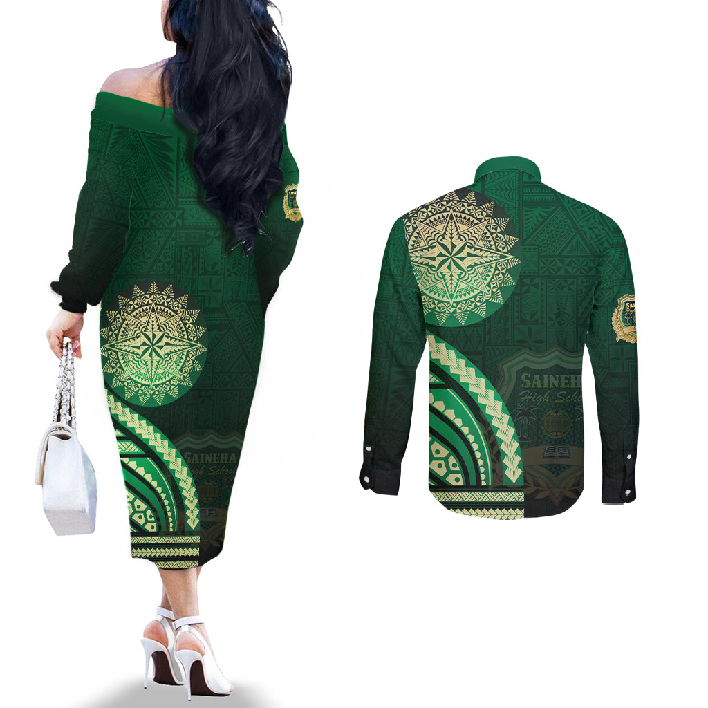 Saineha High School Couples Matching Off The Shoulder Long Sleeve Dress and Long Sleeve Button Shirt Ngatu and Polynesian Pattern LT03 - Polynesian Pride