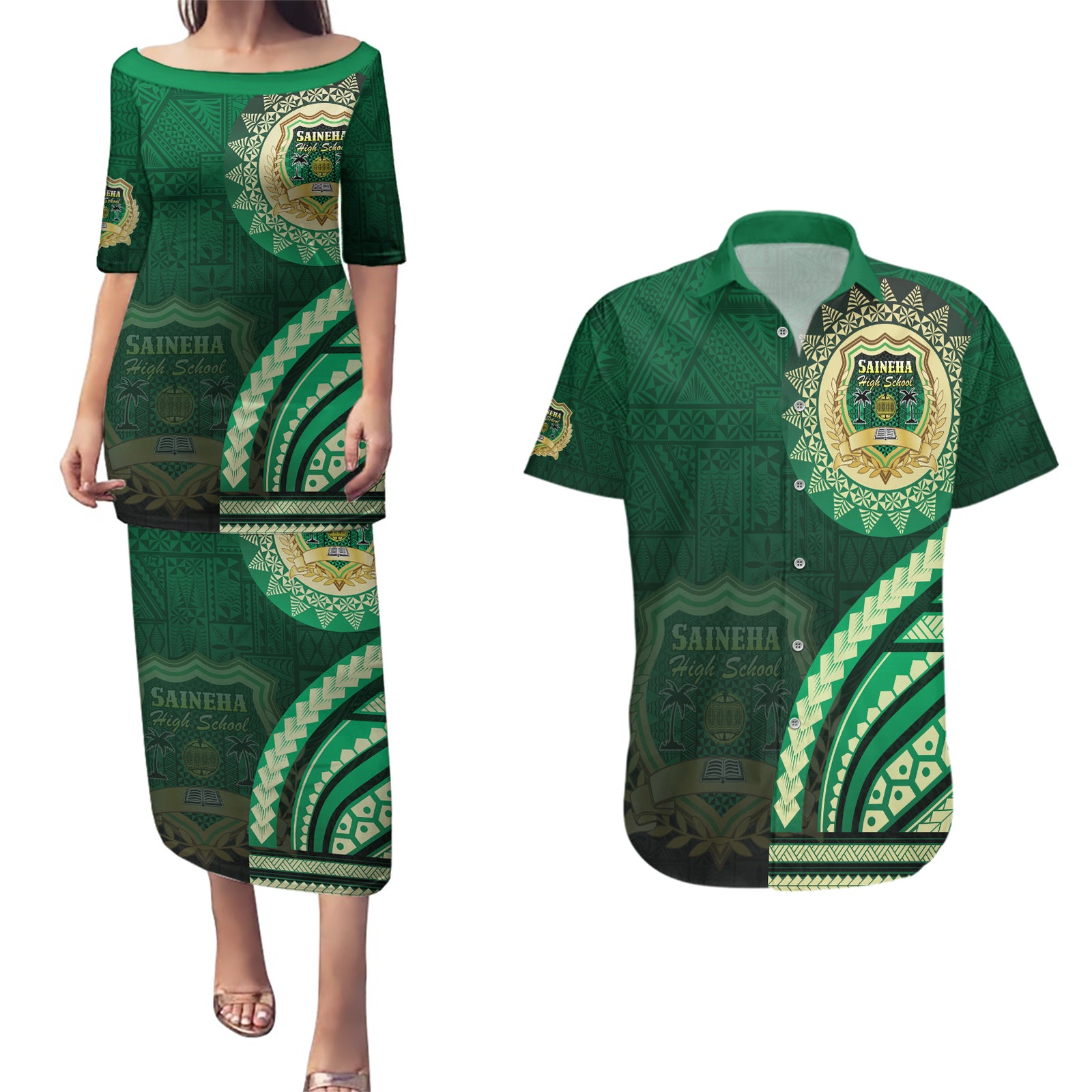 Saineha High School Couples Matching Puletasi and Hawaiian Shirt Ngatu and Polynesian Pattern LT03 Green - Polynesian Pride