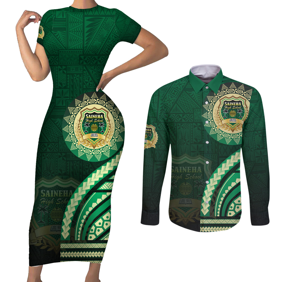 Saineha High School Couples Matching Short Sleeve Bodycon Dress and Long Sleeve Button Shirt Ngatu and Polynesian Pattern LT03 Green - Polynesian Pride