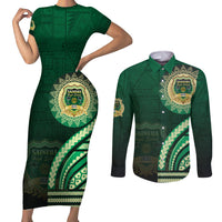 Saineha High School Couples Matching Short Sleeve Bodycon Dress and Long Sleeve Button Shirt Ngatu and Polynesian Pattern LT03 Green - Polynesian Pride