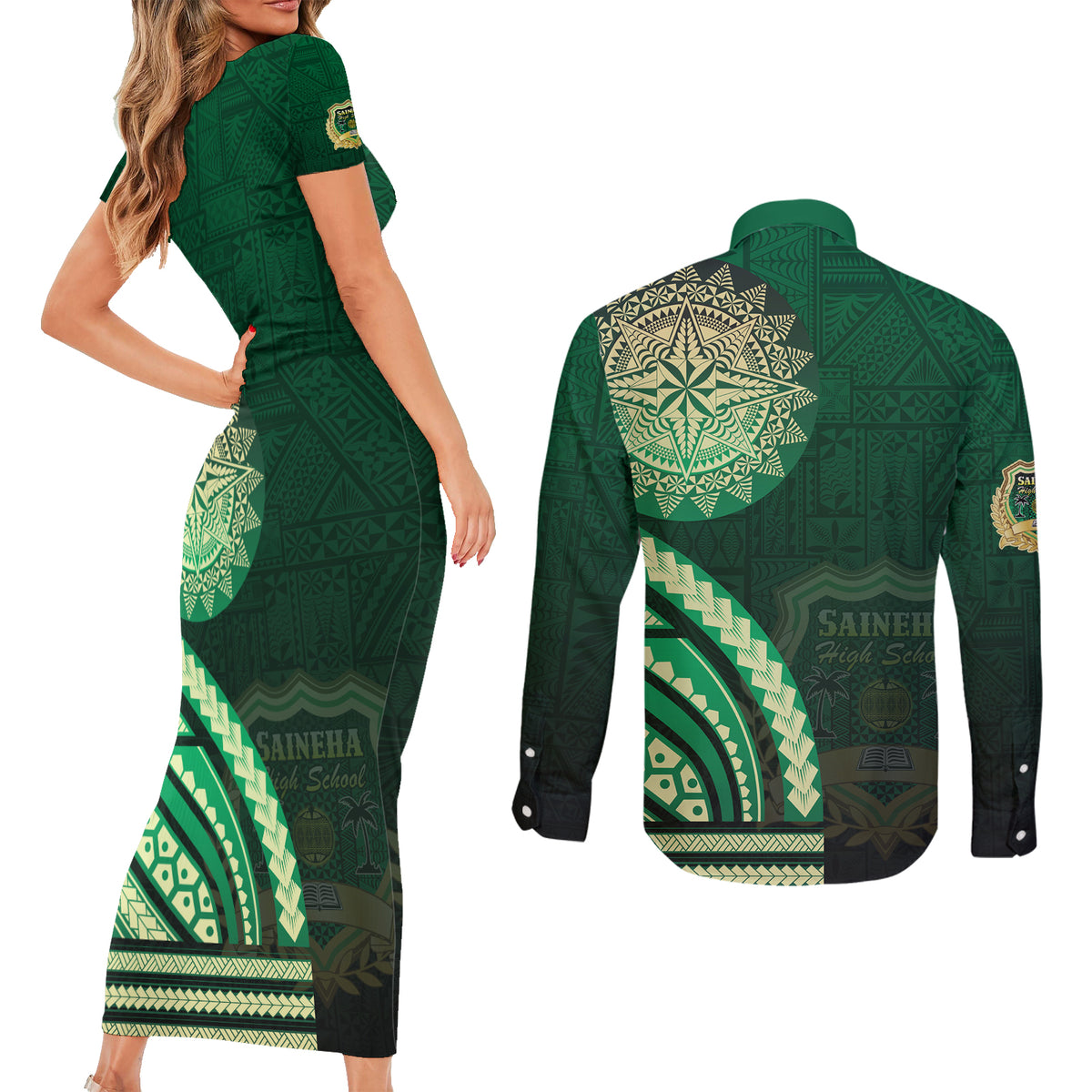 Saineha High School Couples Matching Short Sleeve Bodycon Dress and Long Sleeve Button Shirt Ngatu and Polynesian Pattern LT03 - Polynesian Pride