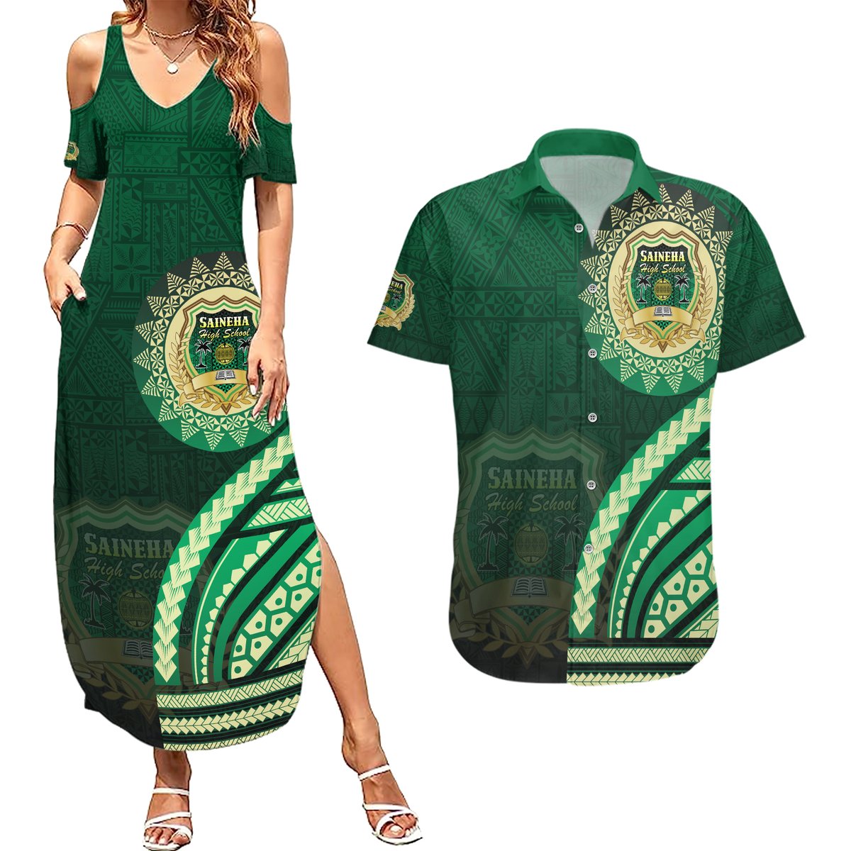 Saineha High School Couples Matching Summer Maxi Dress and Hawaiian Shirt Ngatu and Polynesian Pattern LT03 Green - Polynesian Pride