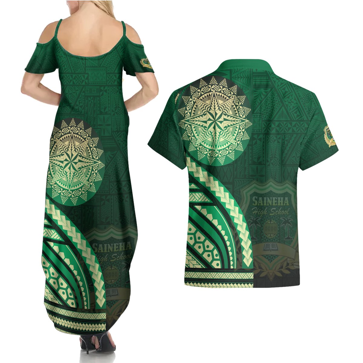 Saineha High School Couples Matching Summer Maxi Dress and Hawaiian Shirt Ngatu and Polynesian Pattern