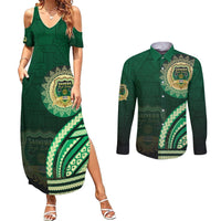 Saineha High School Couples Matching Summer Maxi Dress and Long Sleeve Button Shirt Ngatu and Polynesian Pattern LT03 Green - Polynesian Pride