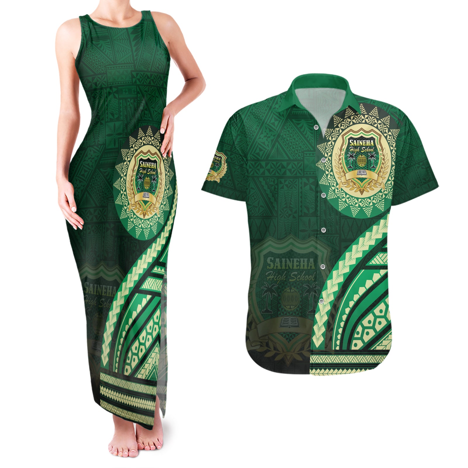 Saineha High School Couples Matching Tank Maxi Dress and Hawaiian Shirt Ngatu and Polynesian Pattern LT03 Green - Polynesian Pride