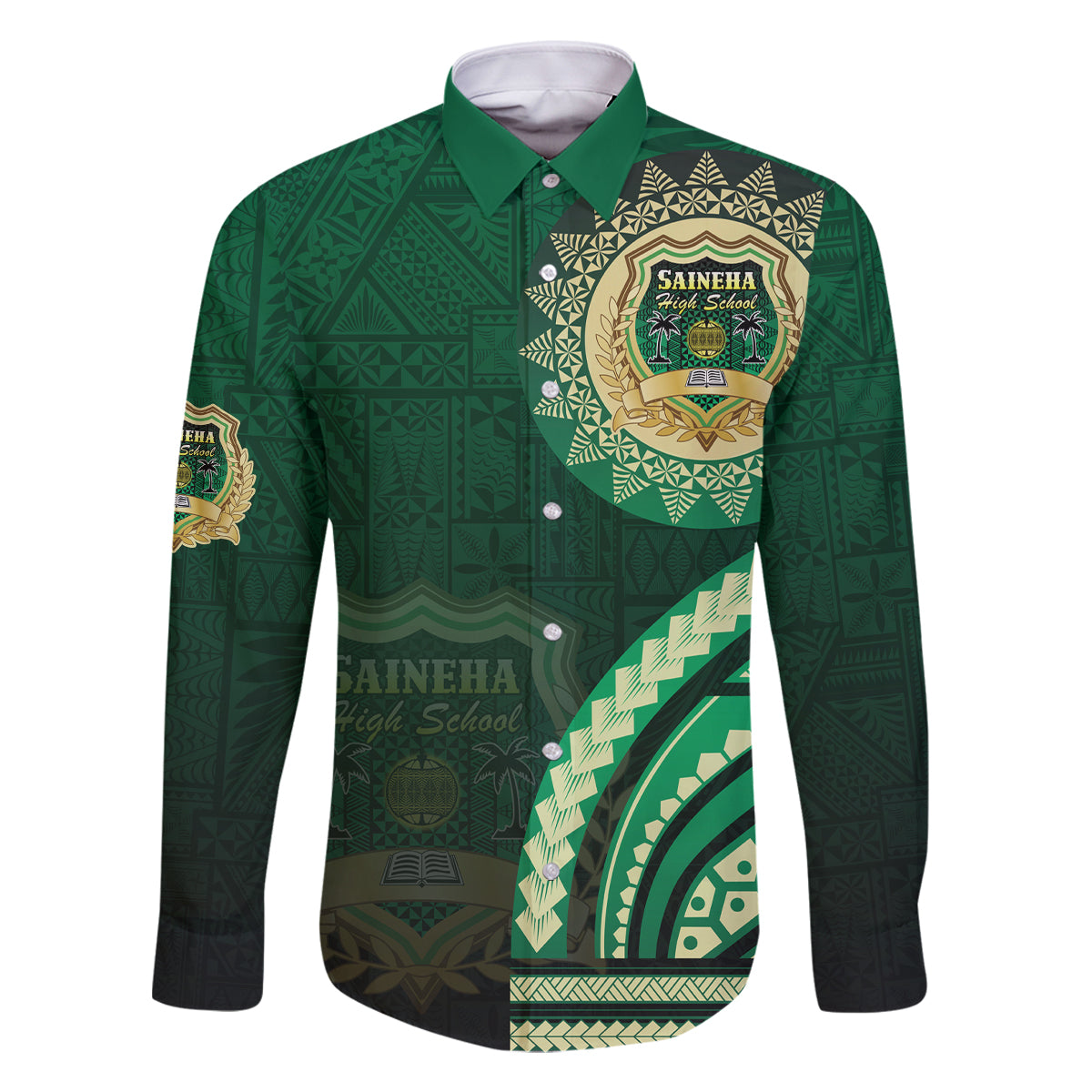Saineha High School Family Matching Mermaid Dress and Hawaiian Shirt Ngatu and Polynesian Pattern LT03 Dad's Shirt - Long Sleeve Green - Polynesian Pride