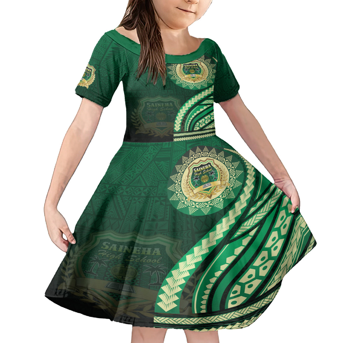 Saineha High School Family Matching Off Shoulder Maxi Dress and Hawaiian Shirt Ngatu and Polynesian Pattern LT03 Daughter's Dress Green - Polynesian Pride