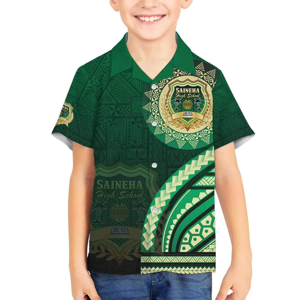 Saineha High School Family Matching Off Shoulder Maxi Dress and Hawaiian Shirt Ngatu and Polynesian Pattern LT03 Son's Shirt Green - Polynesian Pride