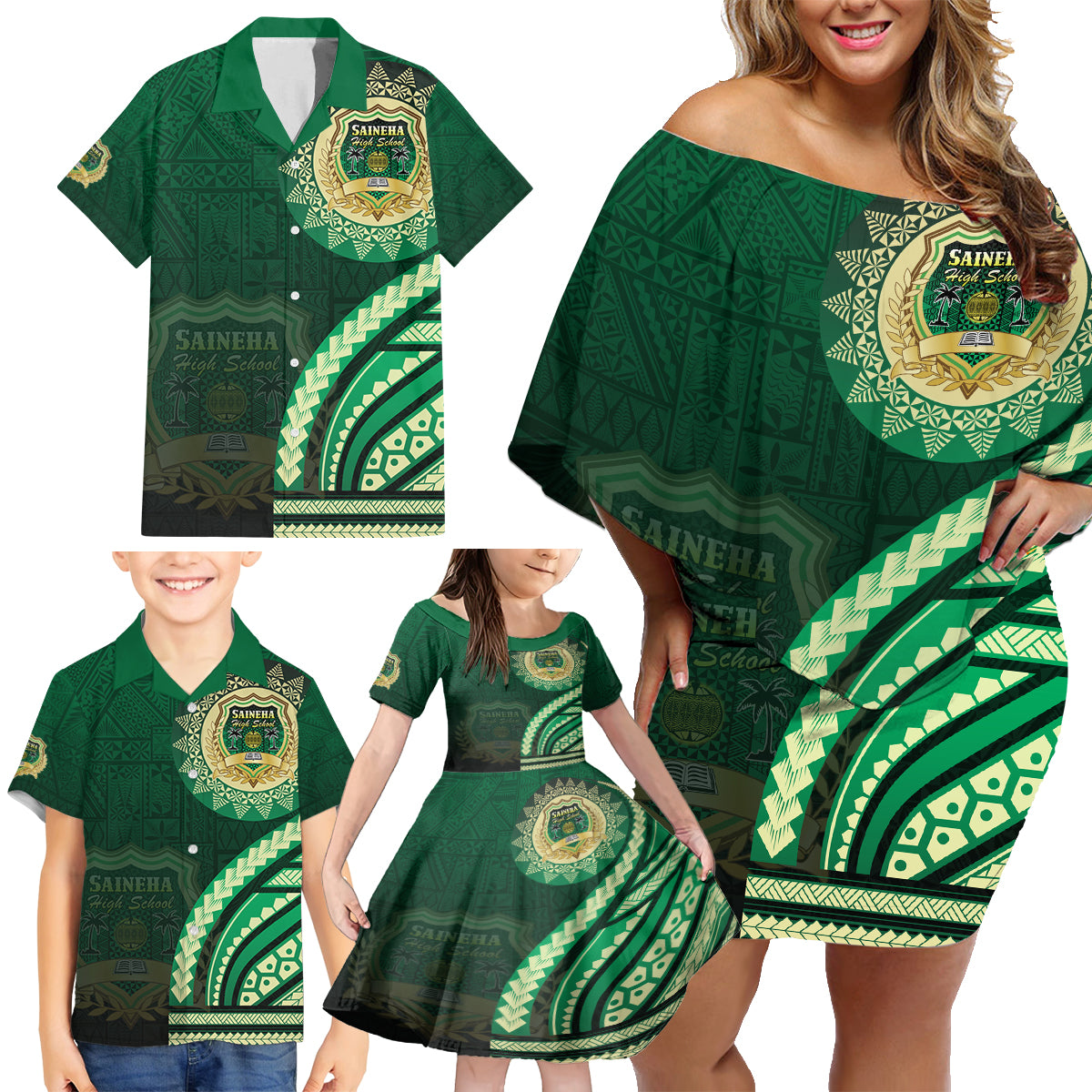 Saineha High School Family Matching Off Shoulder Short Dress and Hawaiian Shirt Ngatu and Polynesian Pattern