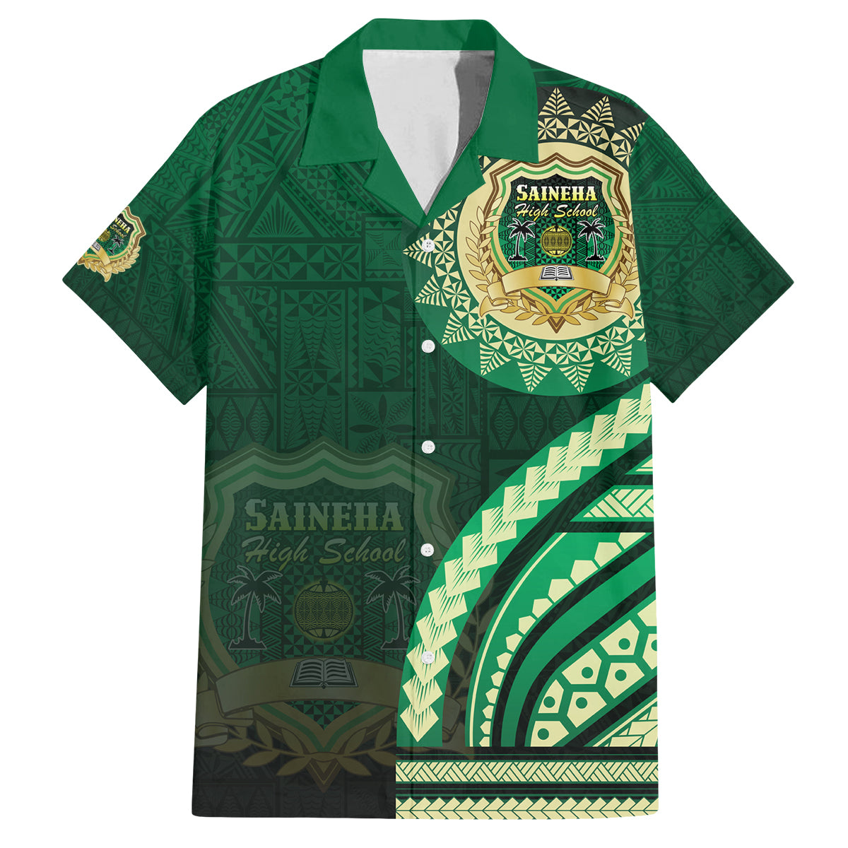 Saineha High School Family Matching Tank Maxi Dress and Hawaiian Shirt Ngatu and Polynesian Pattern LT03 Dad's Shirt - Short Sleeve Green - Polynesian Pride