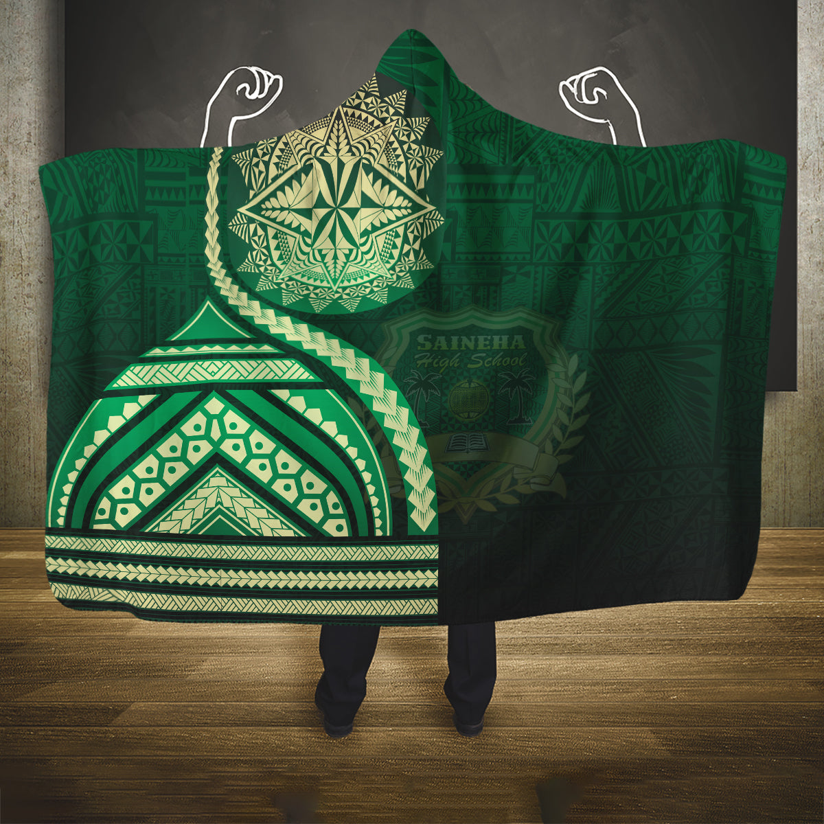Saineha High School Hooded Blanket Ngatu and Polynesian Pattern LT03 One Size Green - Polynesian Pride