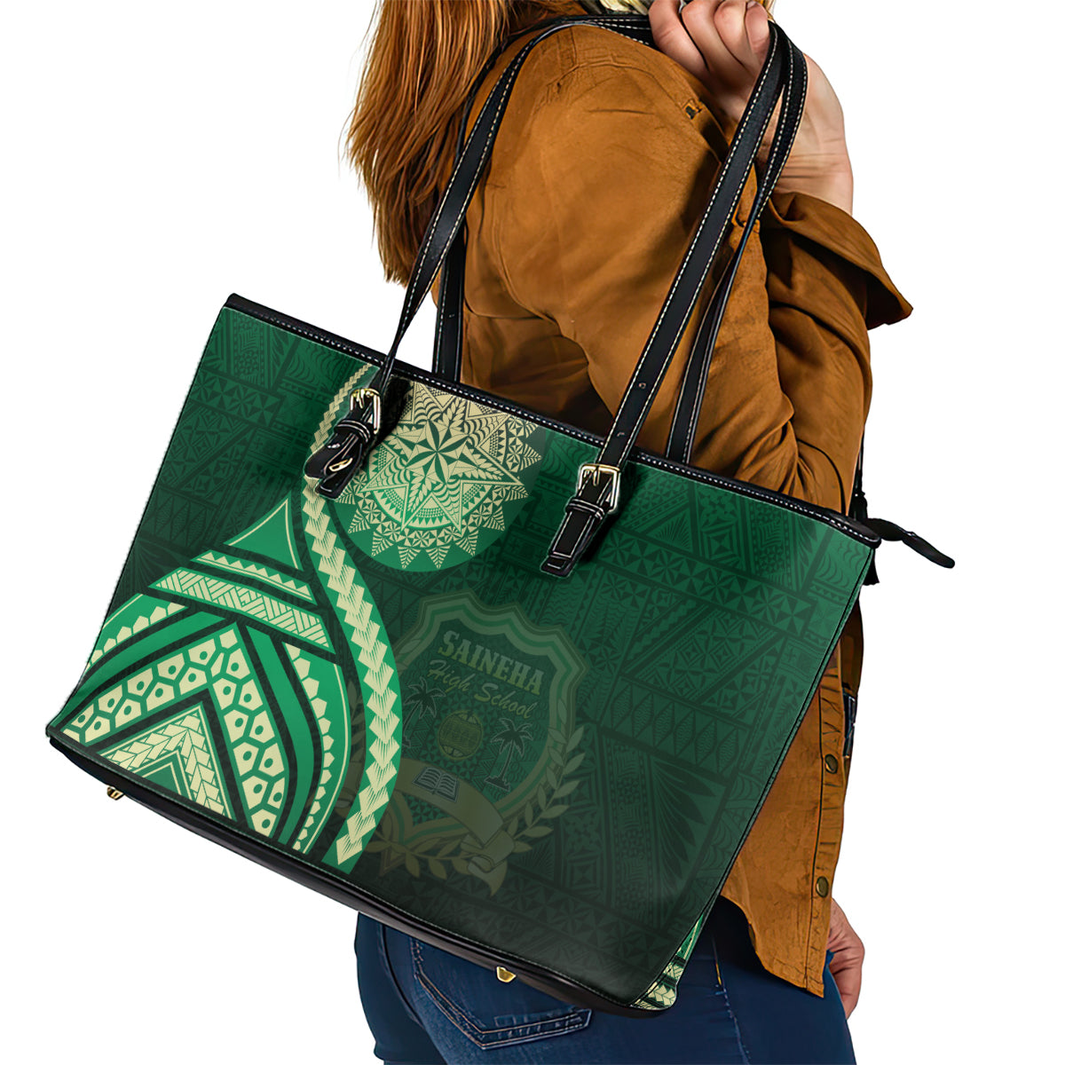 Saineha High School Leather Tote Bag Ngatu and Polynesian Pattern LT03 - Polynesian Pride