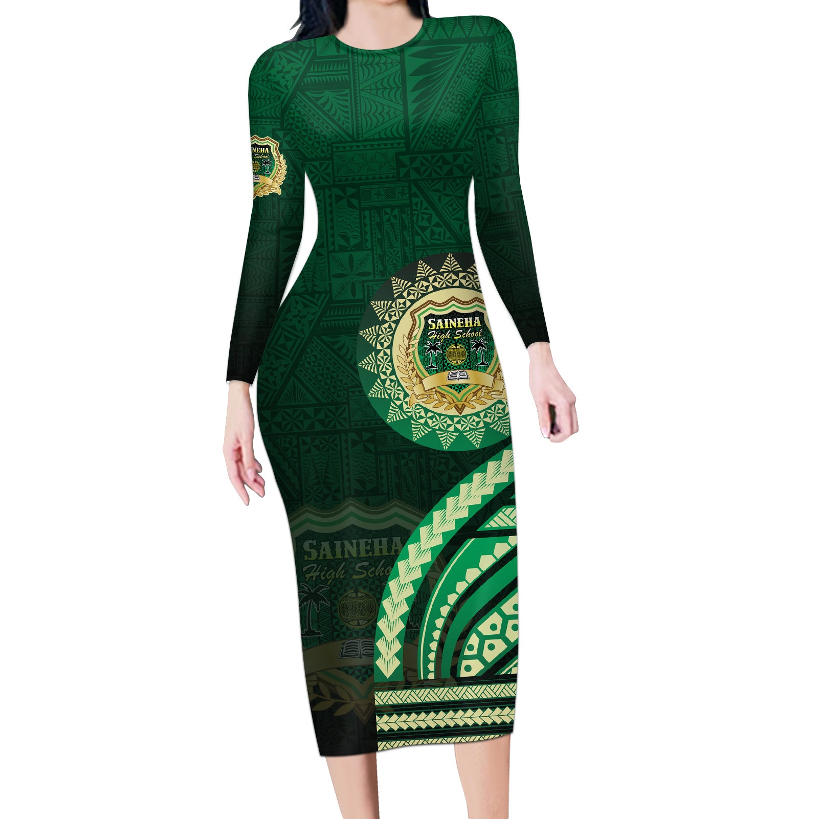 Saineha High School Long Sleeve Bodycon Dress Ngatu and Polynesian Pattern