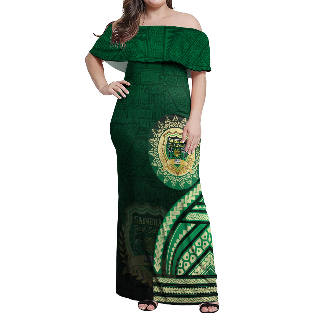 Saineha High School Off Shoulder Maxi Dress Ngatu and Polynesian Pattern LT03 Women Green - Polynesian Pride